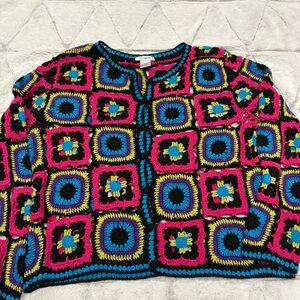 AIRPORT Large knit cardigan sweater Kiwi Doilies Explosion 1970s floral ramie